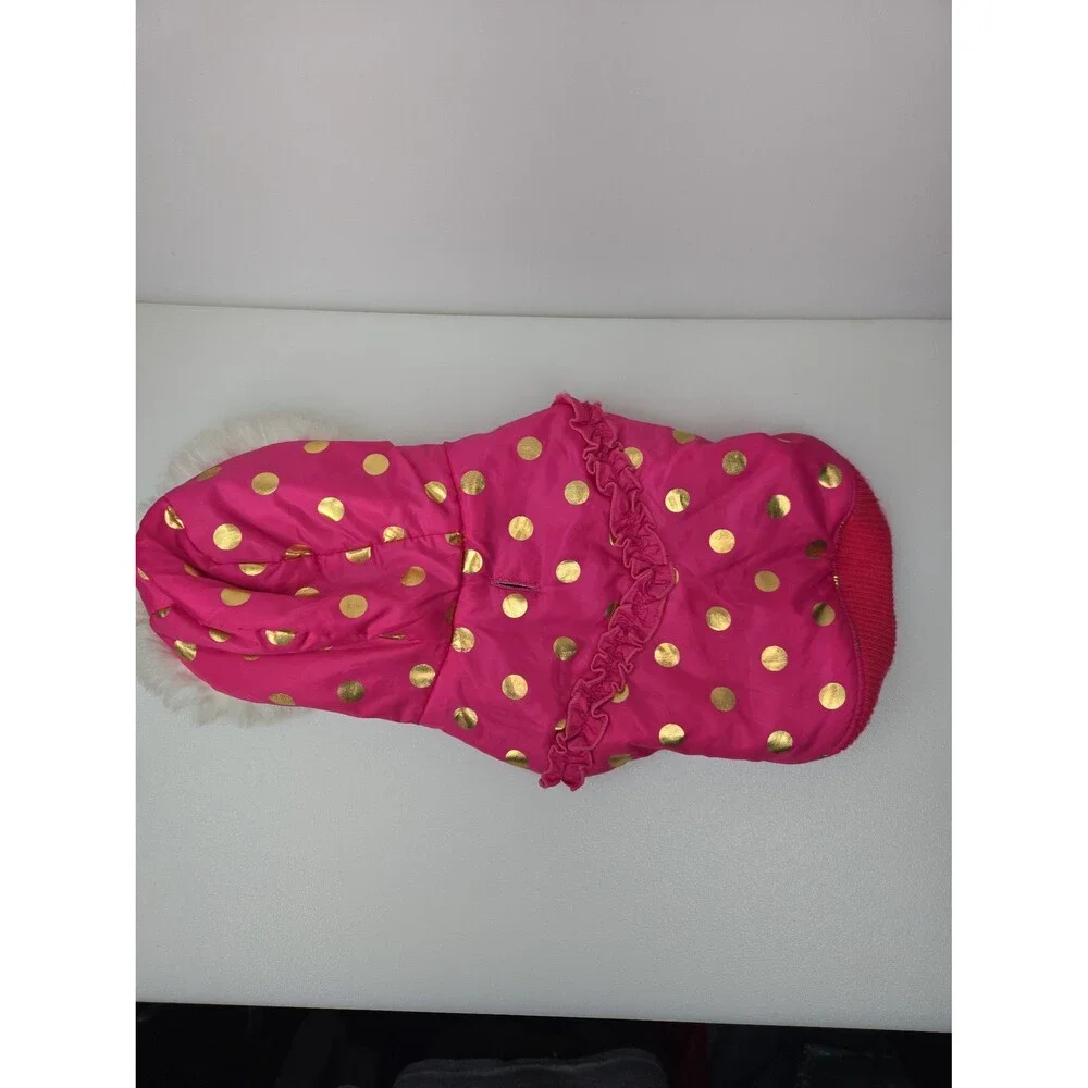 Top Paw Pink Dog Coat Ruffled Gold Metallic Dots Puffy Fleece Lined Hoodie Small